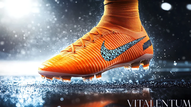 High-impact orange football boot with dynamic splash lighting.
