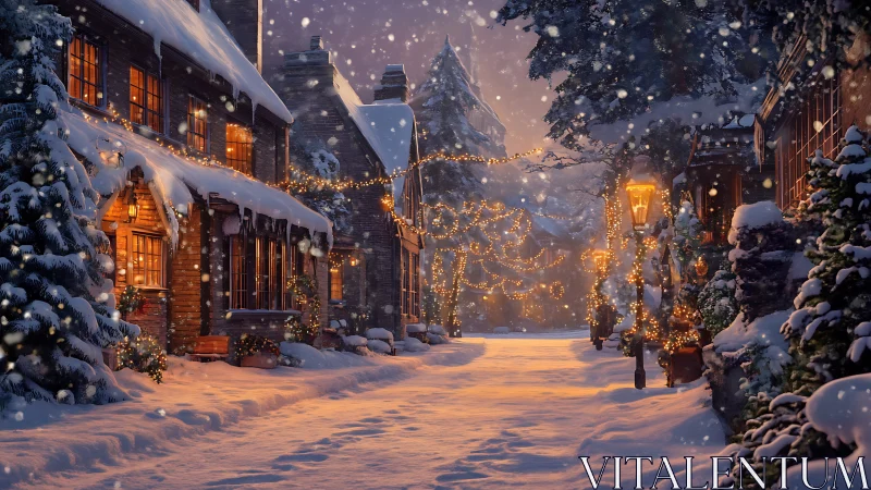 Snowlit village lane wrapped in golden winter hush.