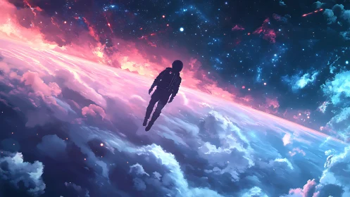 Solitary astronaut above clouded planet under starfield.