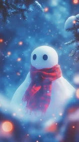 Minimalist snow figure in red scarf under glowing winter bokeh
