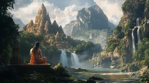 Monk meditates before ancient temple amid misty waterfalls
