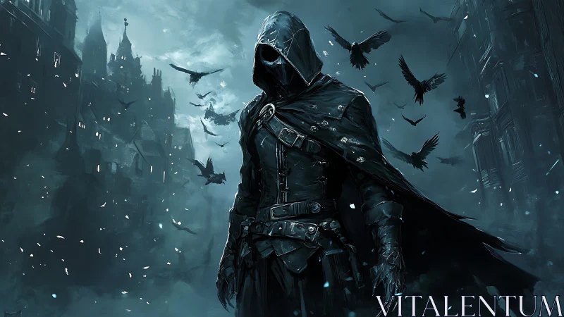 Mysterious hooded wanderer in a storm of restless crows.