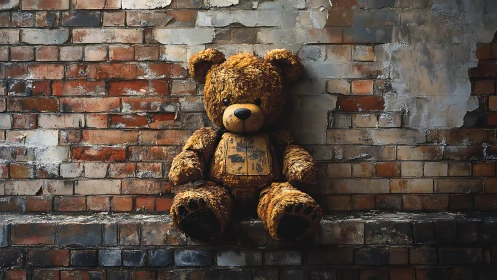 Worn plush bear leans against weathered brick wall in chiaroscuro