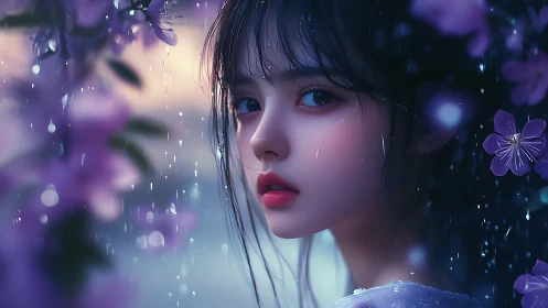 Side portrait of young woman in rain with violet flowers.