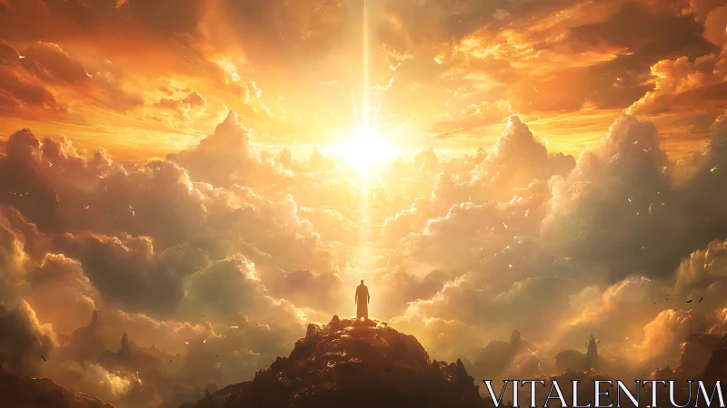 Solitary silhouette beneath radiant celestial cloudscape.