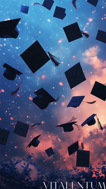 Graduation caps soaring through starry twilight sky.