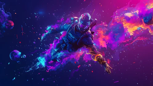 Cosmic explorer drifting through neon space clouds.