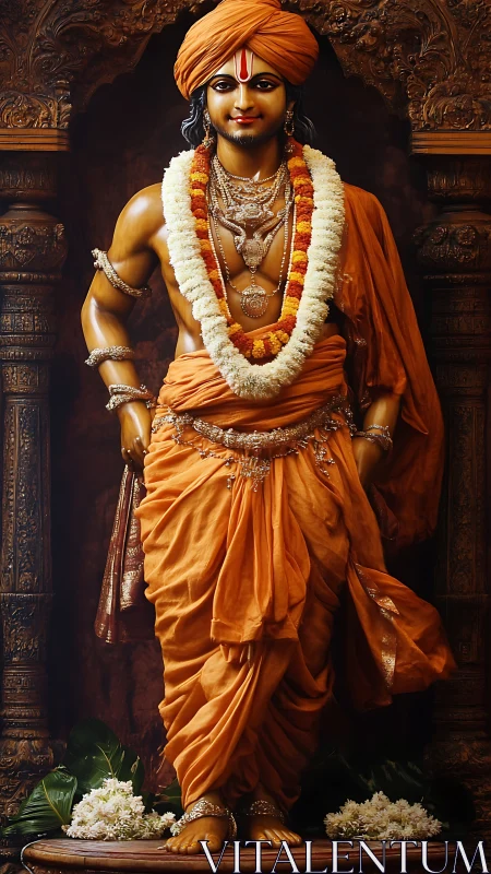 Devotional statue in saffron robes rendered as ornate digital painting