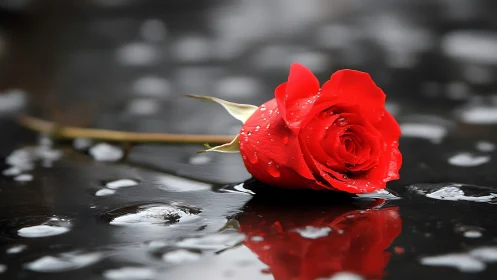 Scarlet rose resting on reflective rain soaked surface.