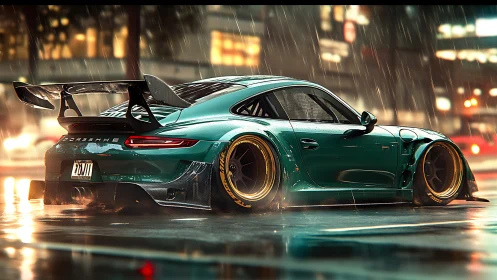 Widebody GT sports coupe under neon-soaked urban rainfall.