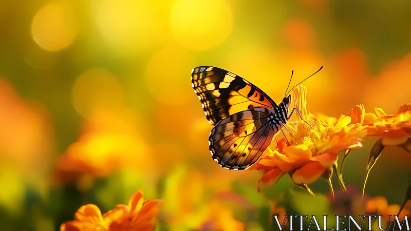 Butterfly rests on golden blossoms in glowing evening light