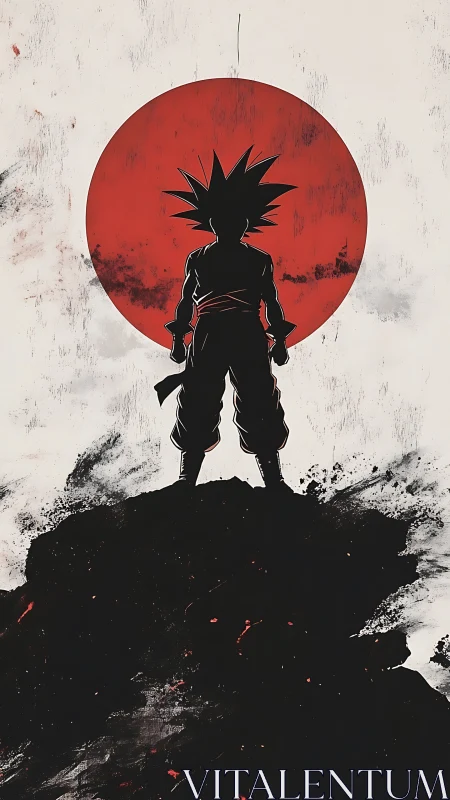 Silhouetted warrior before large red rising sun emblem.