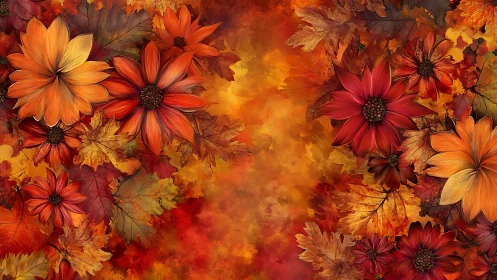 Autumn flowers frame glowing leaves in rich warm palette