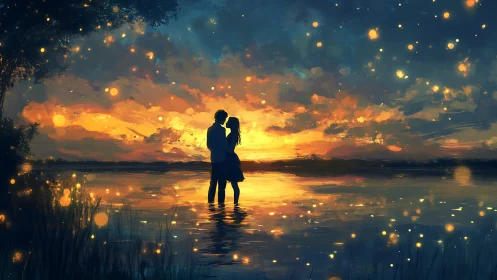 Silhouetted couple in shallow water at golden sunset