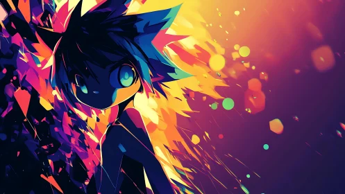Neon anime silhouette bursts through prismatic light shards.