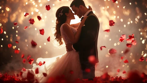 Bride and groom embrace amidst falling red rose petals.