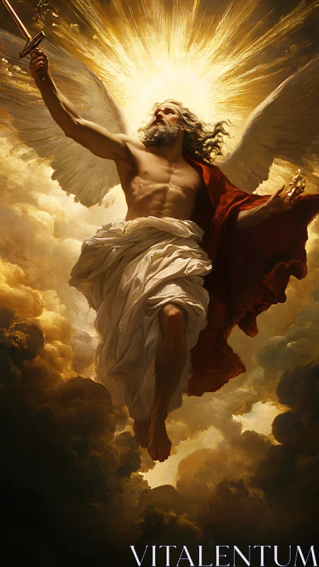 Sword-bearing seraph rises blazing from a storm of light