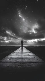 Silhouette on wooden boardwalk under dense night sky field.