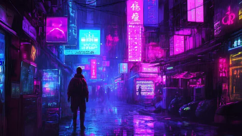 Neon-soaked alleyway with lone figure in cyberpunk rain.