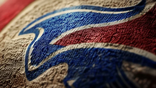 Textured emblem in red and blue, rippling with worn pride.