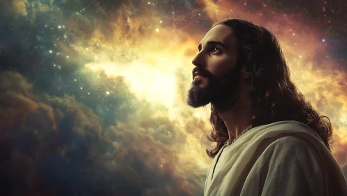 Stargazed prophet bathed in cosmic dawn and drifting light.