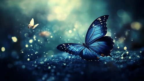 Bioluminescent blue butterfly in shallow depth-of-field bokeh field.