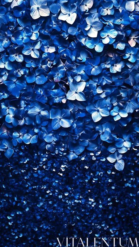 Macro gradient field of blue hydrangea petals in dense bloom