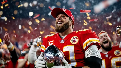 Quarterback in red uniform holding trophy amid confetti.