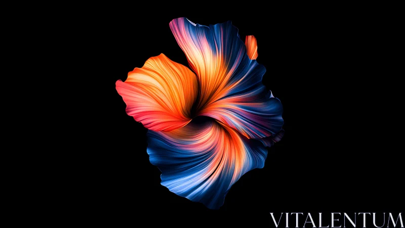 Radial abstract ribbon bloom in neon orange and cobalt gradients