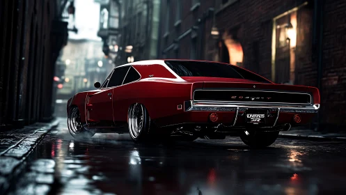 Red muscle car on wet city street in dramatic night rain.