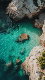 Turquoise cove waters beneath sunlit coastal limestone cliffs.