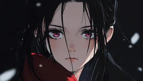 Snowlit anime girl with soft pink eyes and quiet resolve.