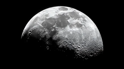 Half-lit lunar giant leans into darkness, craters aglow