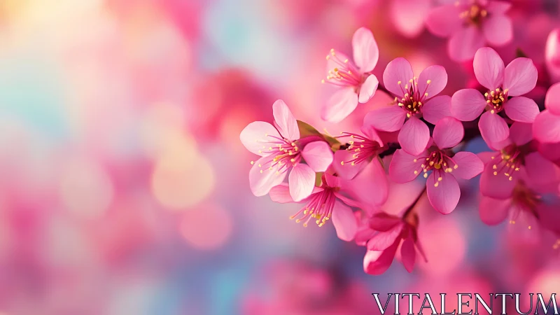 Pink Flowering Blossoms with Golden Stamens in Soft Focus