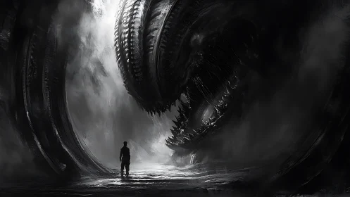 Solitary human confronting colossal biomechanical void predator