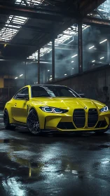 Lime yellow sports coupe under moody industrial warehouse lighting.