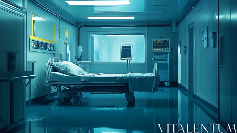 Silent hospital ICU room bathed in cool blue light.