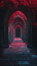 Gothic stone corridor with red foliage and receding arches.