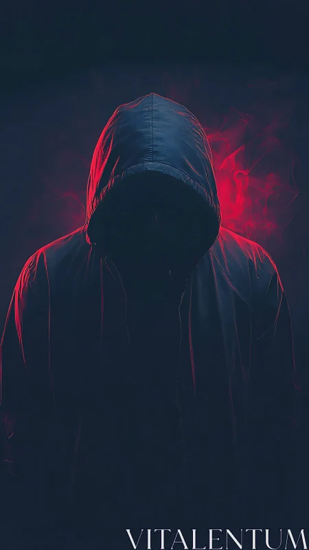 Hooded silhouette framed by neon red backlight glow.