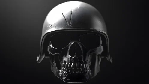 Dark skull with military helmet, dramatic lighting, photorealistic style.