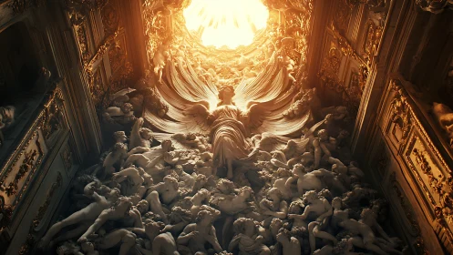 Radiant angel ascends through baroque heavens of light