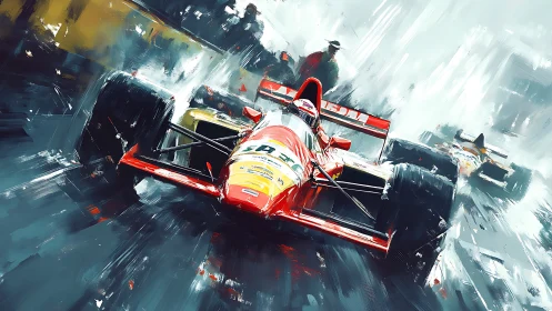 Red formula race car speeding through wet urban circuit.