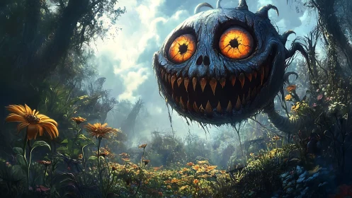 Menacing floating creature above dense wildflower forest.
