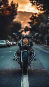 Motorcycle stands centered on urban street at sunset
