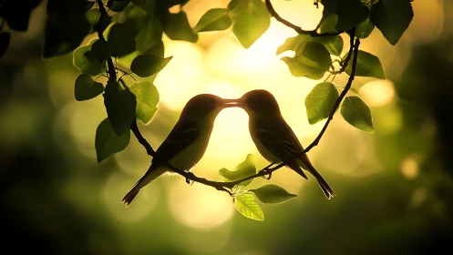 Two birds touching beaks on leafy branch at sunset, romantic silhouette.