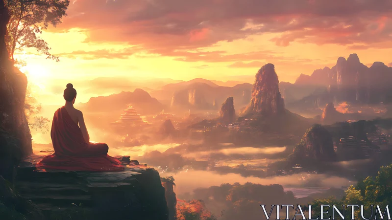 Monk on cliff overlooking misty valley and pagoda at sunrise.