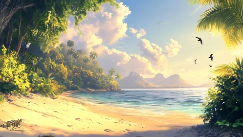 Tropical Paradise Shoreline with Volcanic Peaks Dawn.