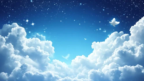 Digital painting of luminous clouds and celestial doves.
