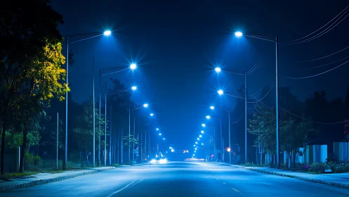 Empty blue lit city street at night with tall streetlights.