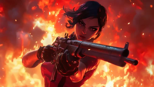 Armed woman advances through blazing inferno with shotgun raised